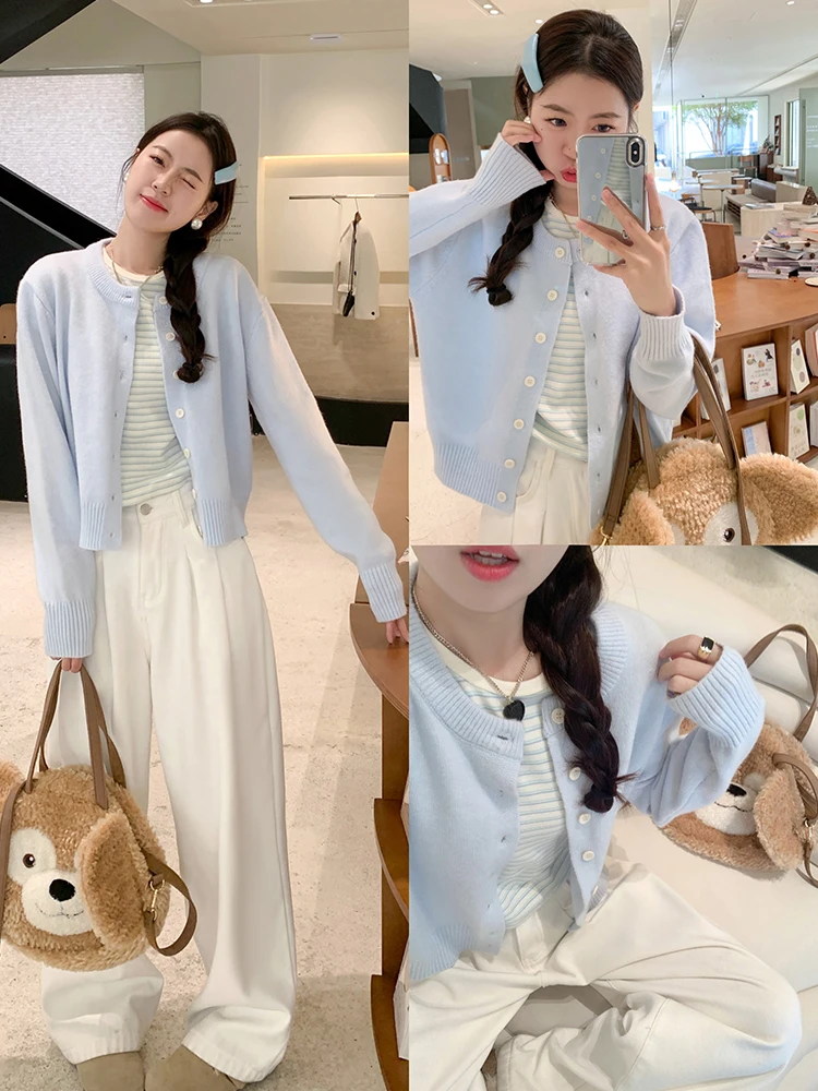 

Мягкий синий облегающий женский кардиган, топ, футболка, весенний новый удобный универсальный корейский комплект Sle Faion