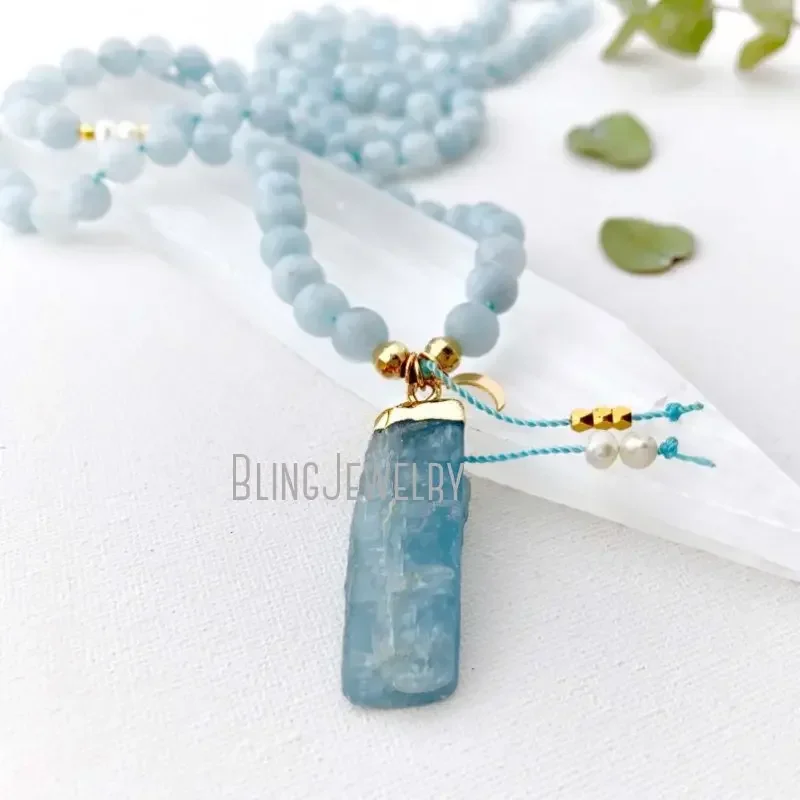 5pcs Japamala Goddess Aquamarine Kayanite Guru Crystal 108 Prayer Worry Bead Mala Natural Stone Necklace Meditation Yoga Jewelry