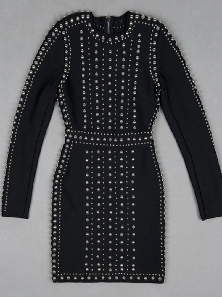 Long Sleeve Fashion Winter White Black Beadings Bandage Dress For Women Vestidos Elegant Bodycon Dresses Evening Party Dress