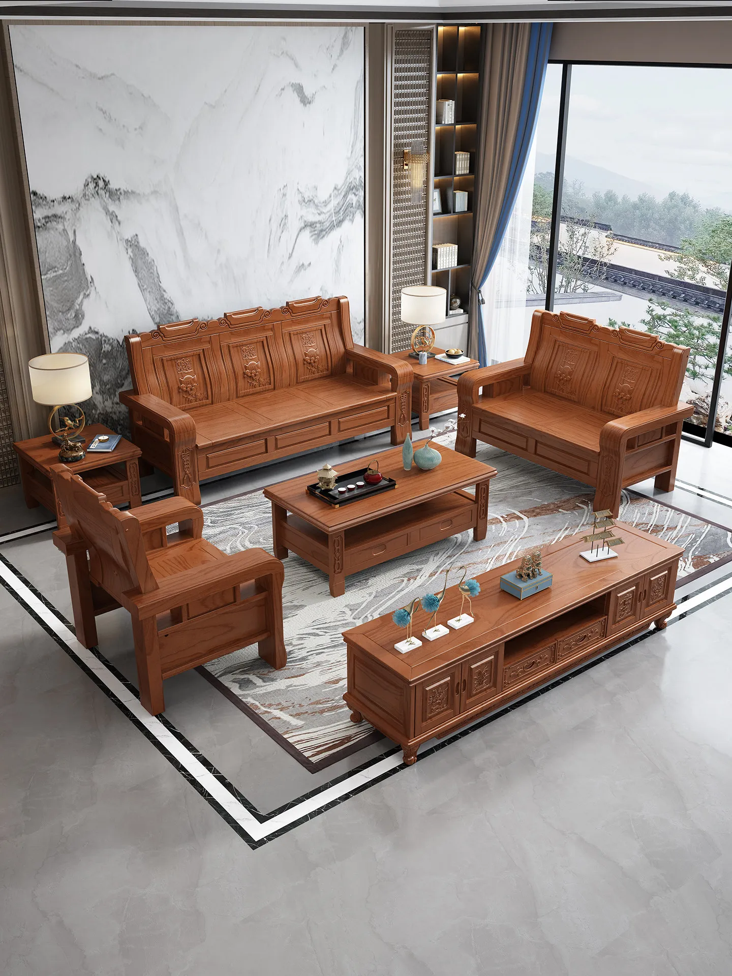 HT  [Lucky for wealth and treasure] Chinese rosewood antique carved solid wood sofa combination rural winter and summer dual-use