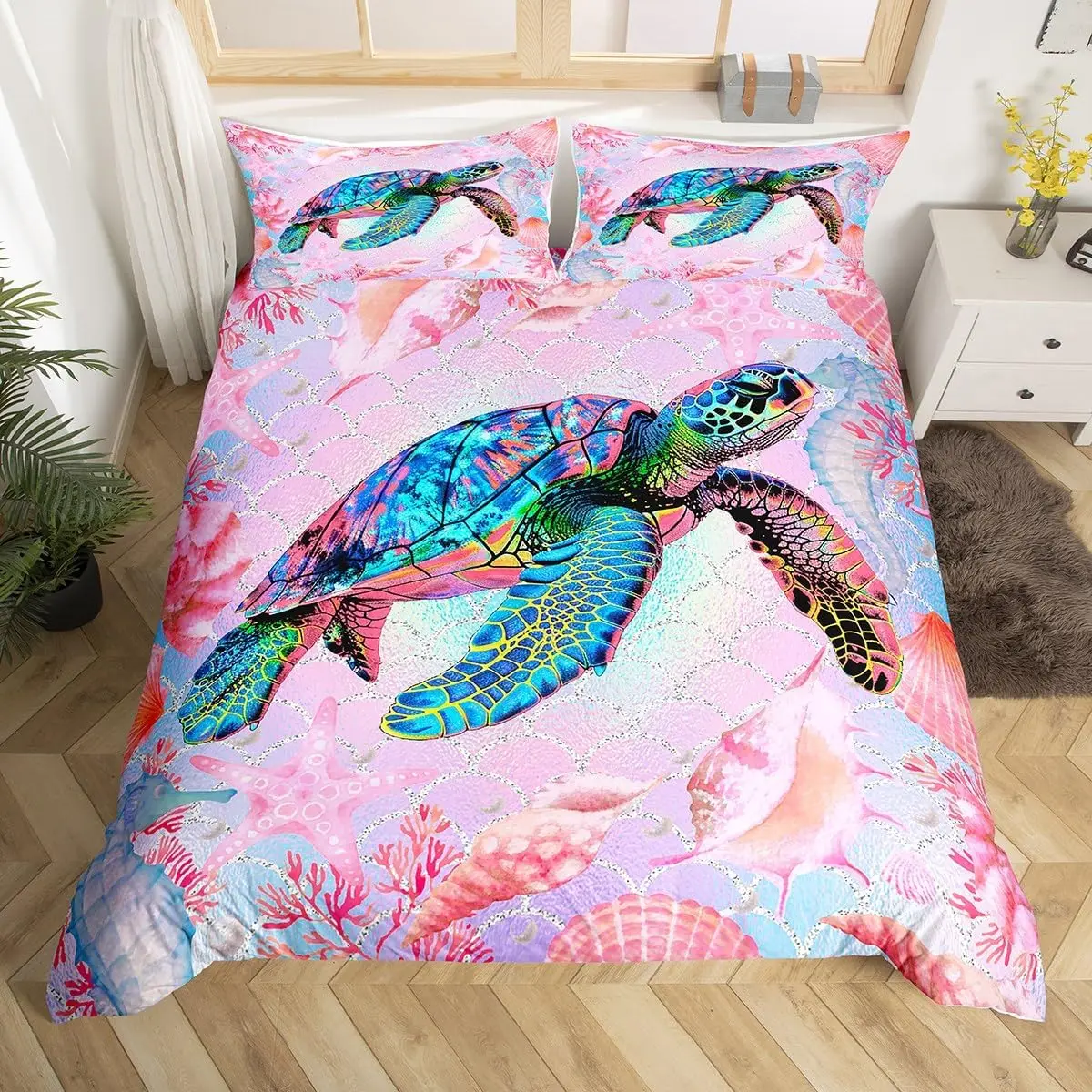 

Пододеяльник с морской черепахой, комплект постельного белья на тему океана, король, королева для детей, подростков, микрофибра, морская звезда, прибрежная раковина, пододеяльник