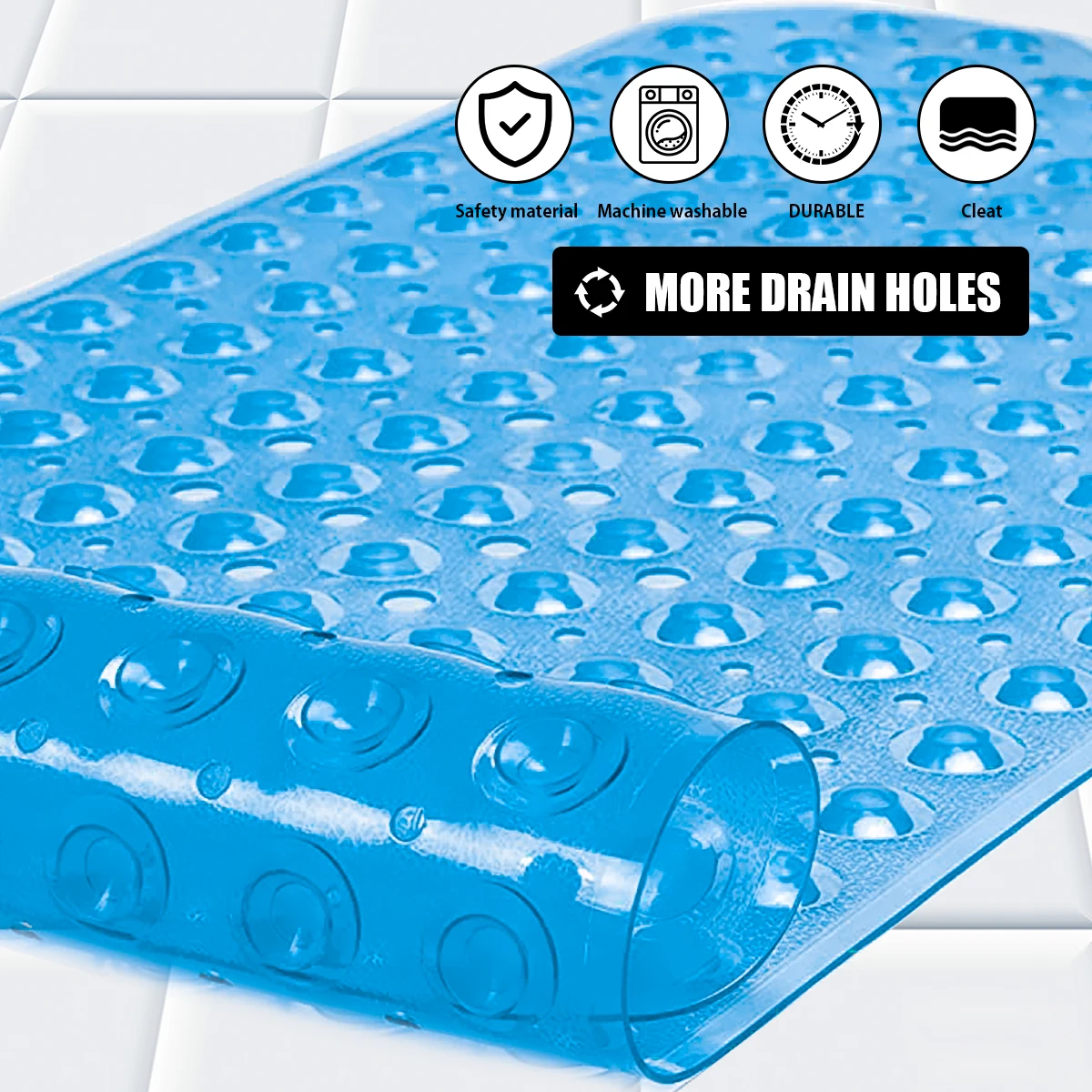 Bath Tub Shower Mat，40×16 Washable Bathtub Floor Mats, Suction Cups and Drain Holes to Keep Tubs Clean, Blue