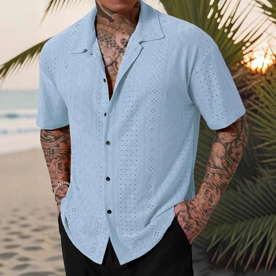 2025 European and American Spring and Summer Men's Short-sleeved Versatile Shirts Hollow Jacquard Casual Shirts