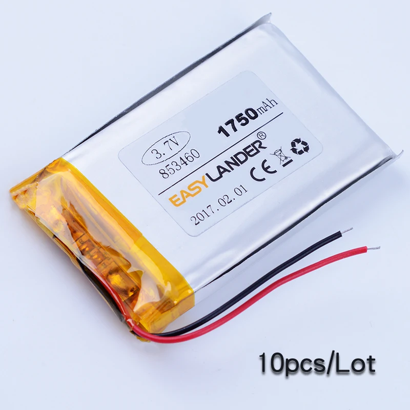 

10pcs/Lot 853460 3.7V 1750mAh Rechargeable Li-Polymer Li-ion Battery For bluetooth Speaker DVD GPS PDA MP4 Mp5 Mobile Phone toys