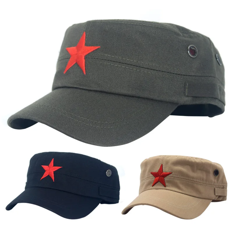 Children Adult Camouflage Military Hats Red Five-pointed Star Embroidery Army Flat Top Hat Cosplay Soldier Cap