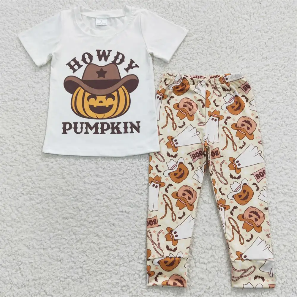 

Wholesale Infant Halloween Outfit Baby Boy Children Clothing Short Sleeves Howdy Pumpkin T-shirts Tee Western Set Ghost Pants