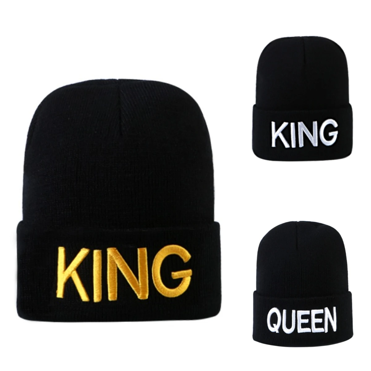 

KING QUEEN Letter Embroidery Brimless Hat Woman's Autumn and Winter Warm Casual Hooded Hat Hip-hop Street Hat Men's Knitted Cap