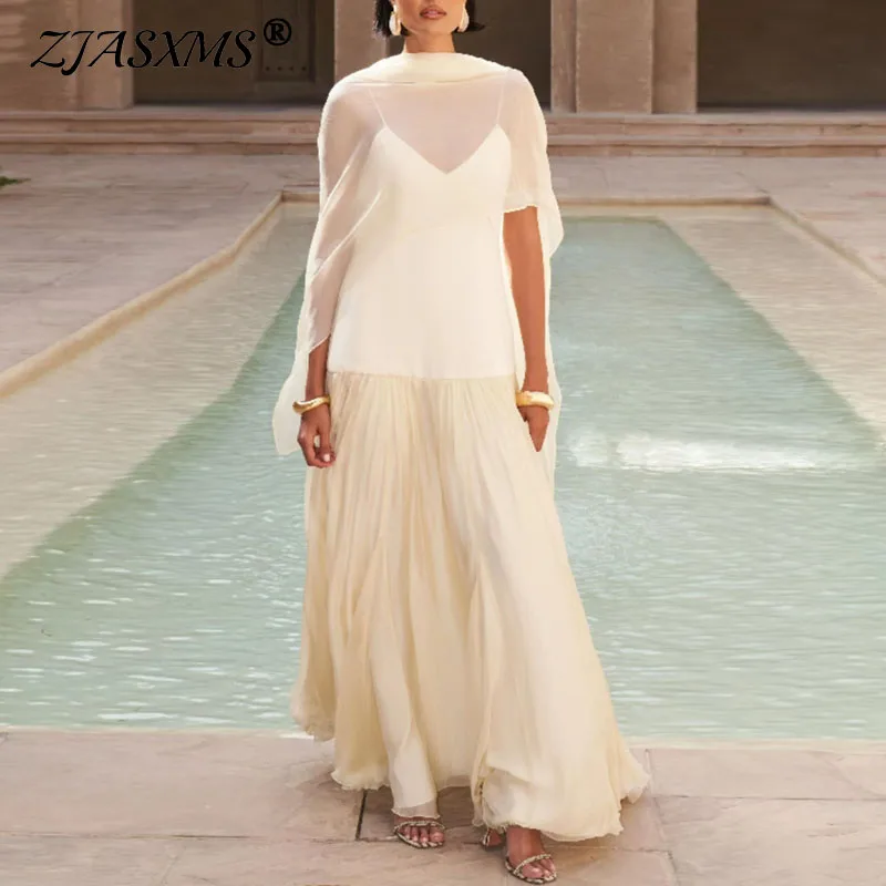 

Spring Scarf Collar Mesh Pleated Dress Woman Sexy V Neck Solid Loose Long Dresses Summer Hollow Backless Zip Sling Holiday Dress