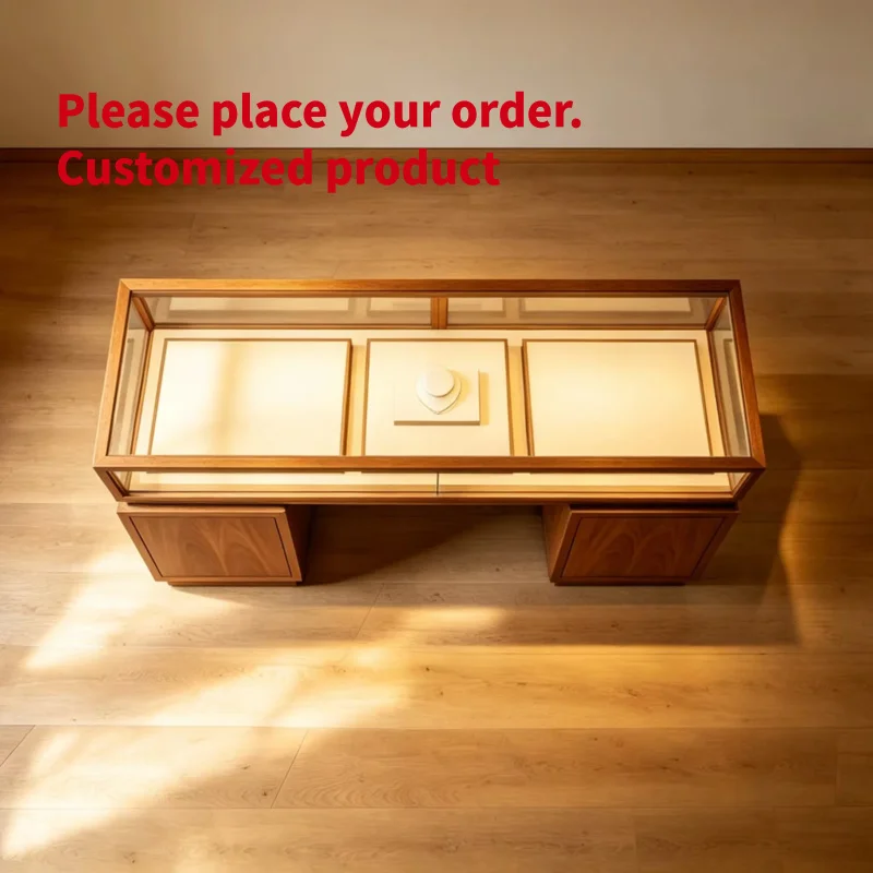 custom.Jewelry Display Cabinet with LED Lighting Artificial Wood Grain Eco-Friendly and Durable Design