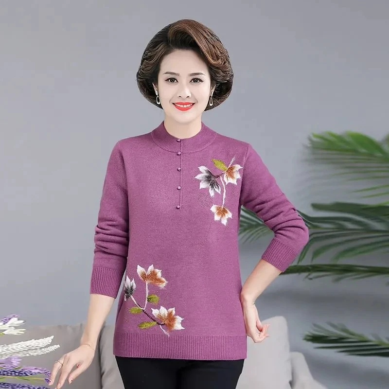 Autumn Winter Velvet Sweater Women Pullover New Embroidered Half High Neck Long Sleeve Knitted Sweater Middle aged Female Tops