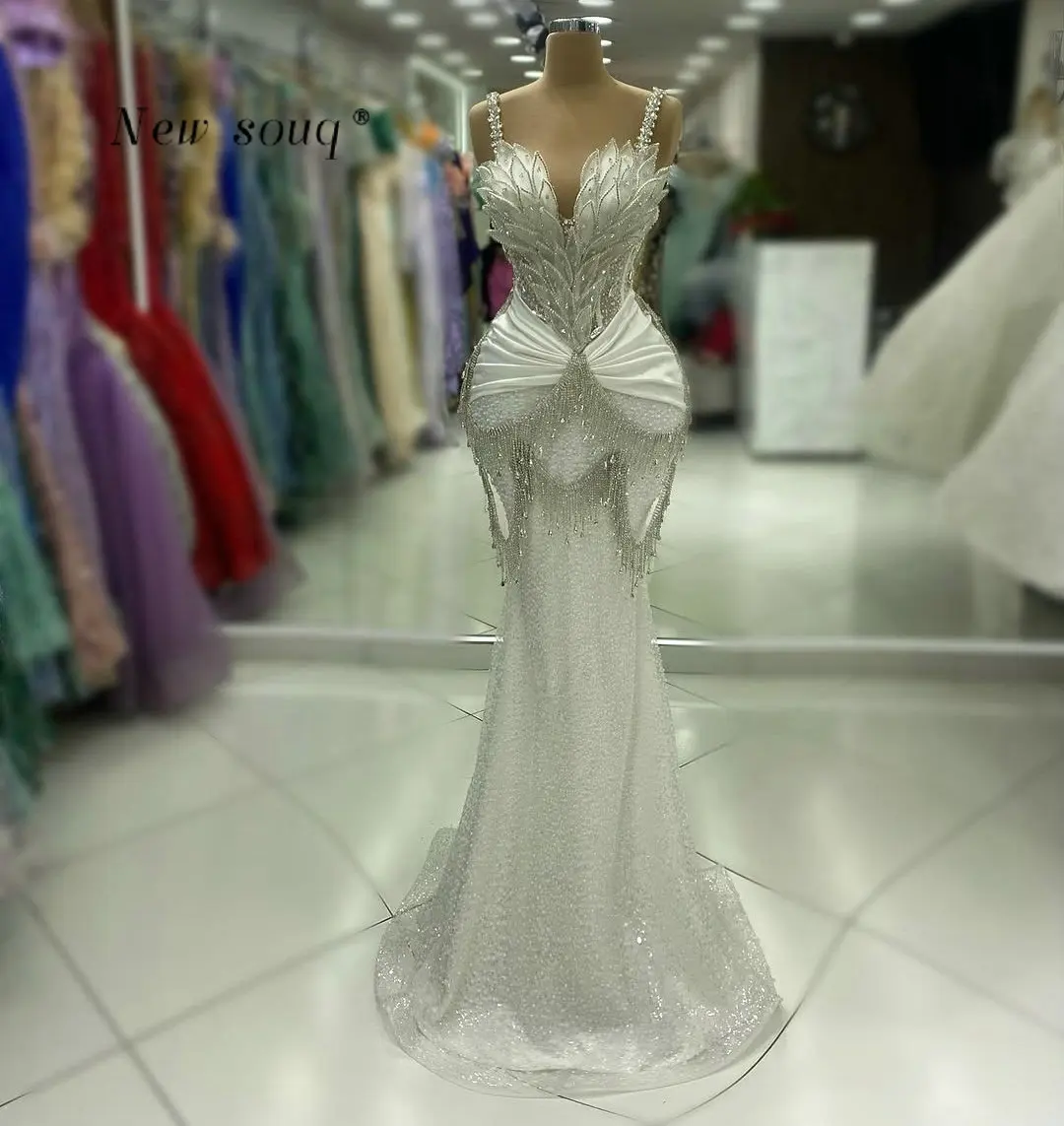 

Sparkly Crystals Spaghetti Straps Long Mermaid Evening Dresses Customized Arabic 5D Leaf Long Party Dress Aso Ebi Prom Gowns
