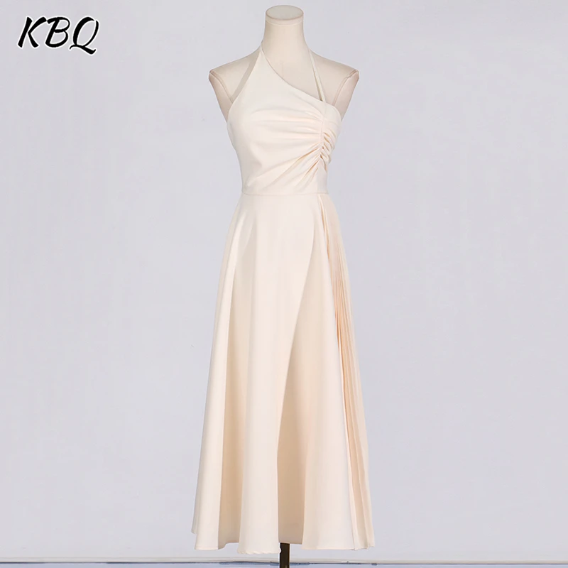 

KBQ Elegant Patchwork Fold Irregular Dress For Women Halter Sleeveless Backless High Waist Temperament Solid Long Dresses Female