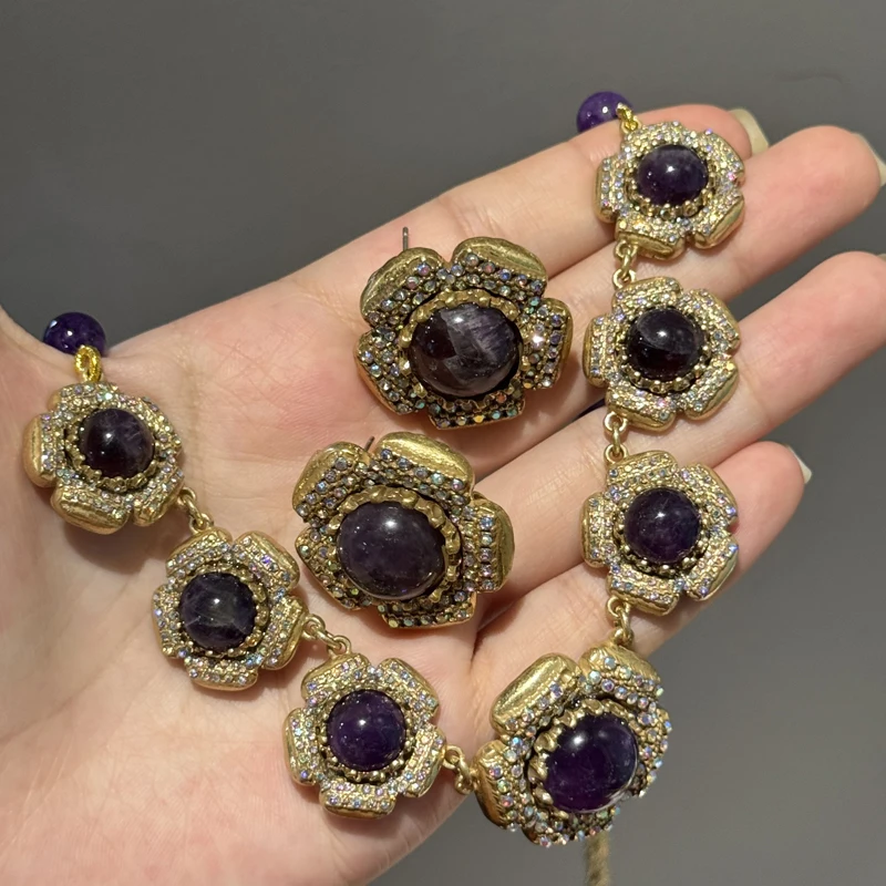 

Vintage Purple Glaze Rhinestone Jewelry Sets For Woman Luxury Designs Little Flower Beaded Pendant Necklace Stud Earring Trendy