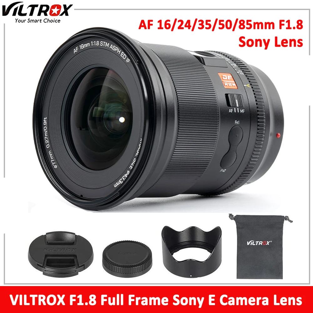 viltrox lente de camera sony e mount full frame foco automatico abertura grande angulo ultra largo 16 mm 24 mm 35 mm 50 mm 85 mm f18 01