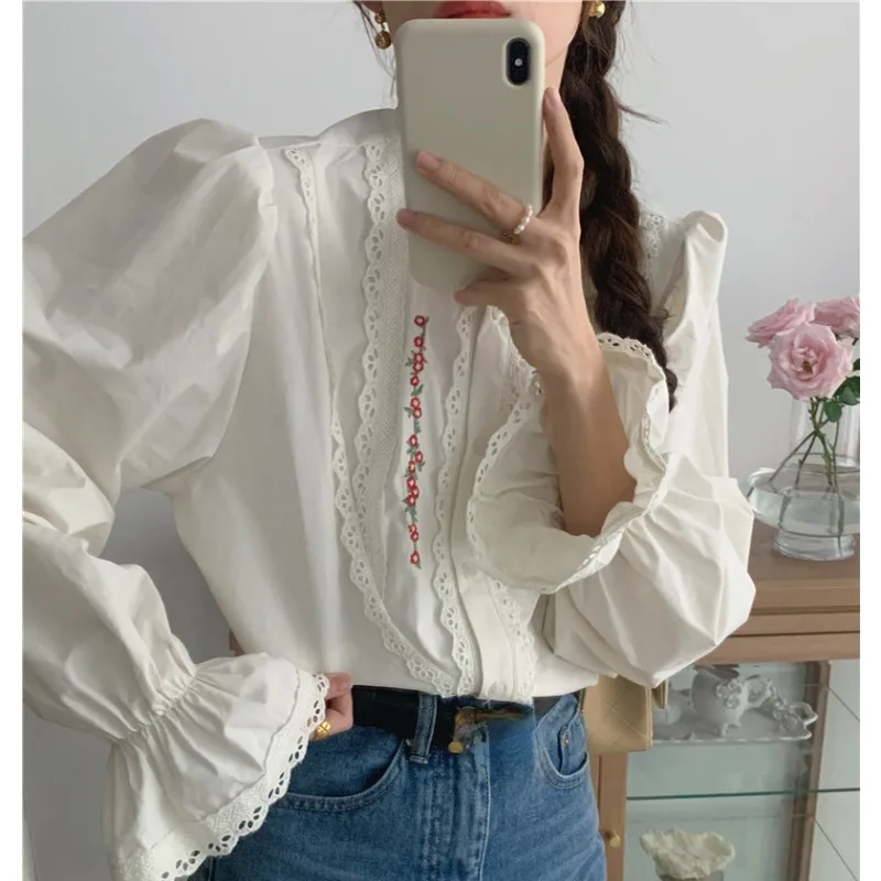 Fashion Spring Shirts for Women Clothes Embroidered Lace Y2k Top Splicing Long-sleeved Blouse Round Neck Loose Casual Cardigan