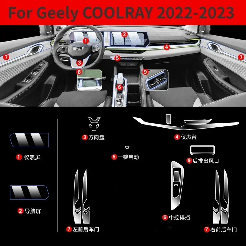 For Geely COOLRAY 2023 2022 Car interior Accessories film transparent TPU Gear Panel GPS Center Console PPF Protection Sticker