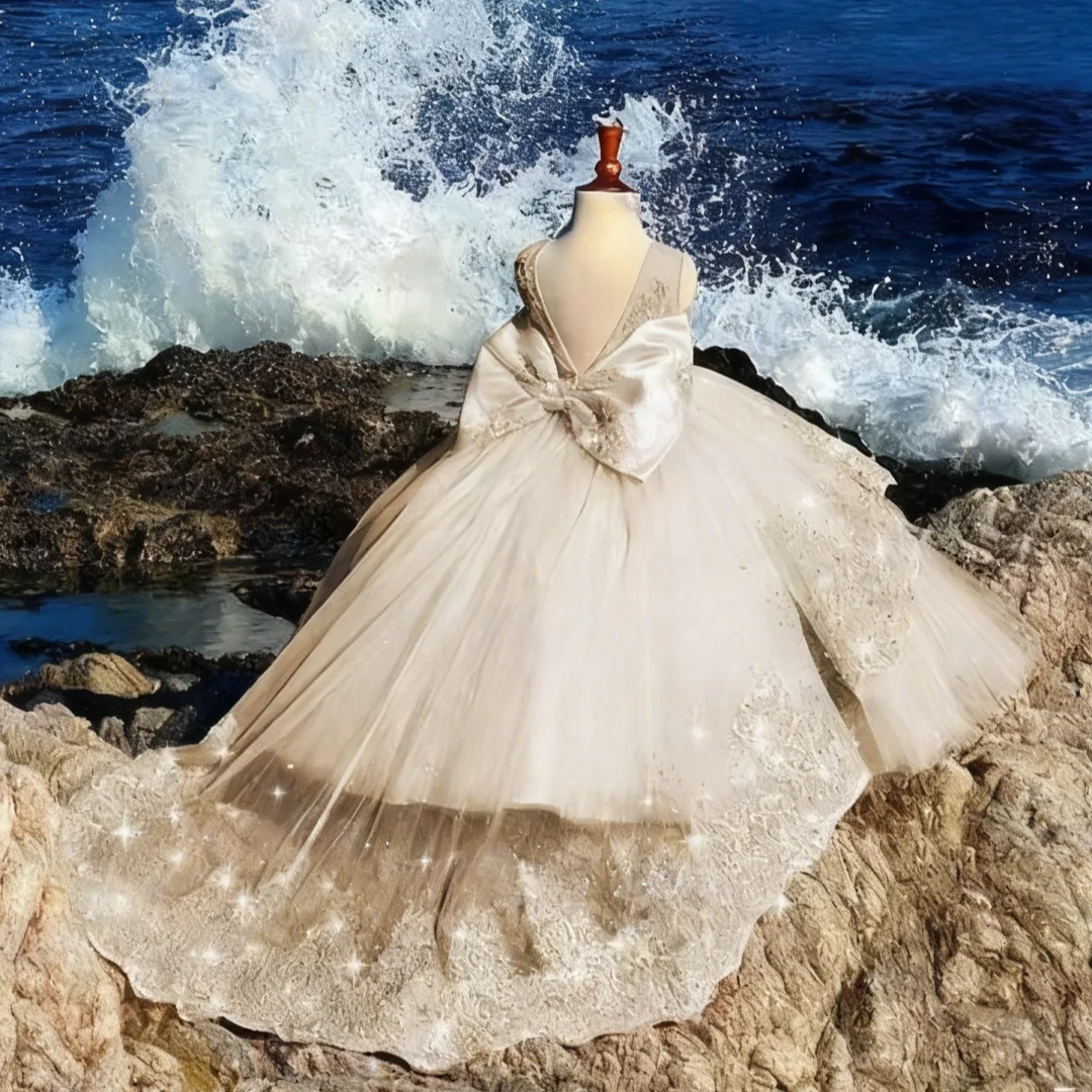 Gorgeous Pink Flower Girl Dress Puffy Tulle Skirt Appliqué Large Bow Long Train Birthday Party Dress for Little Girls