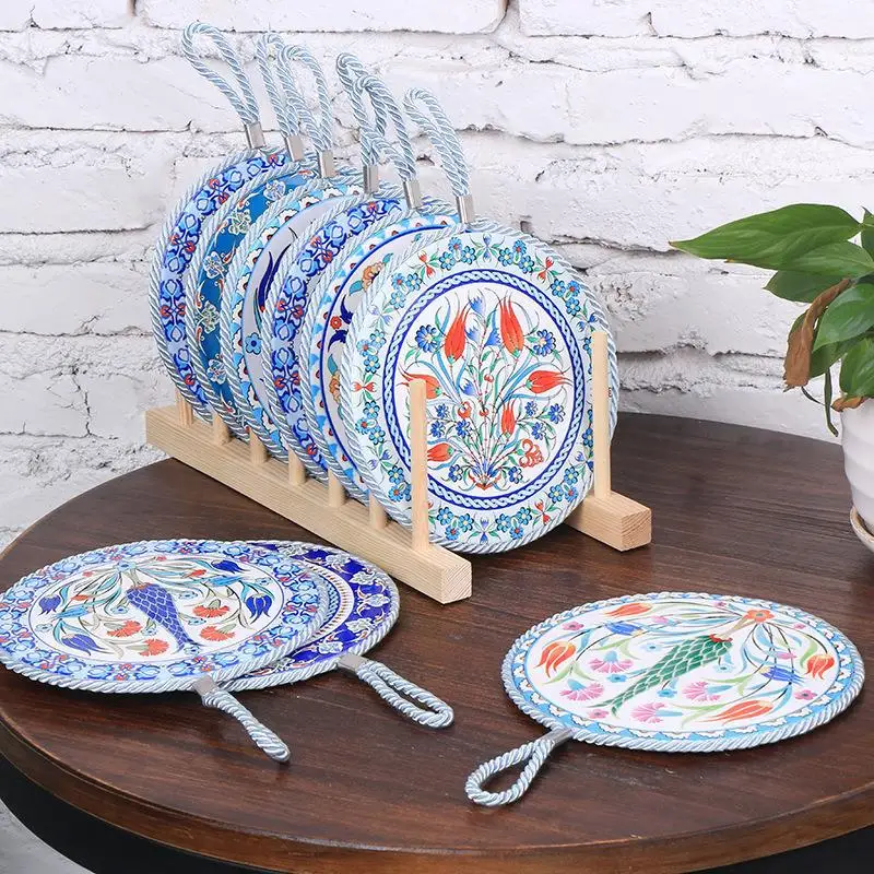 

4pcs 6.3inch Vintage Patterns with Lanyard Absorbing Round Ceramic Coaster with Cork Base Tabletop Protection Mat for Kitchen