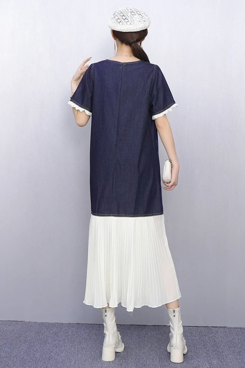 2025 Zomer Nieuwe Elegante Vrouwen Losse Geborduurde T-shirts Lange Jurken Dames Korte Mouw Mode Jurk Groothandel J1222