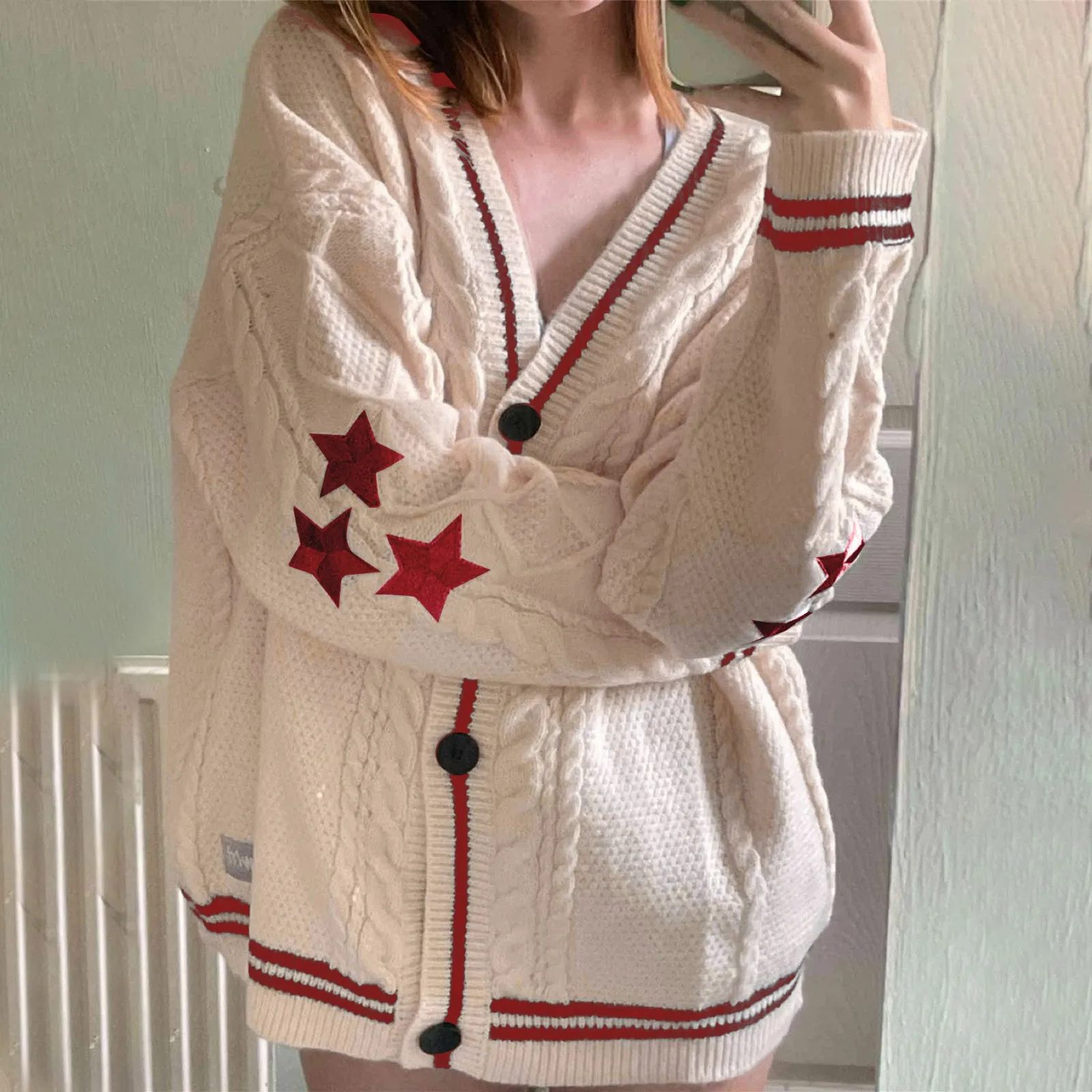 Vintage Embroidery Star Loose Sweaters for Women Long Sleeve Single Breasted Oversize Knitted Cardigans Taylor Long Sleeve Top