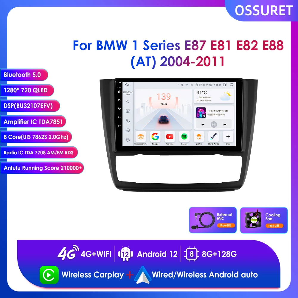 

9" Wireless Carplay Multimedia Player Android 2din Car Radio for BMW 1 Series E81 E82 E87 E88 2004-2011 Navigation GPS BT 4G RDS