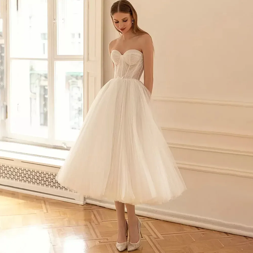 Sweetheart Wedding Dresses Sleeveless Strapless Mid-Calf Tulle Simple Pretty Romantic Classic A-Line Bride Party Grom Gowns