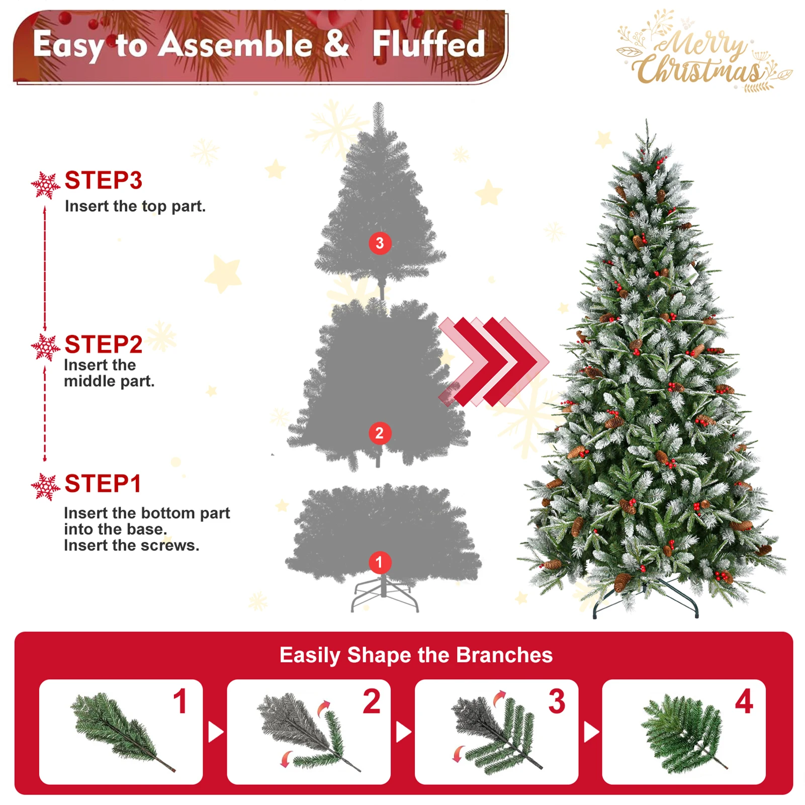 PVC+PE Artificial Christmas Tree 4/5/6/7/7.5/8/9 FT with White Needles Pine Cones and Berry Decor Premium Xmas Tree