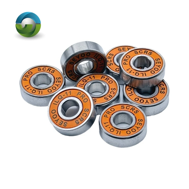 8Pcs 608RS ILQ-11 Skate Bearings (8x22x7) with green/orange/black seals for a smooth, fast ride on longboards, skates, and scoot