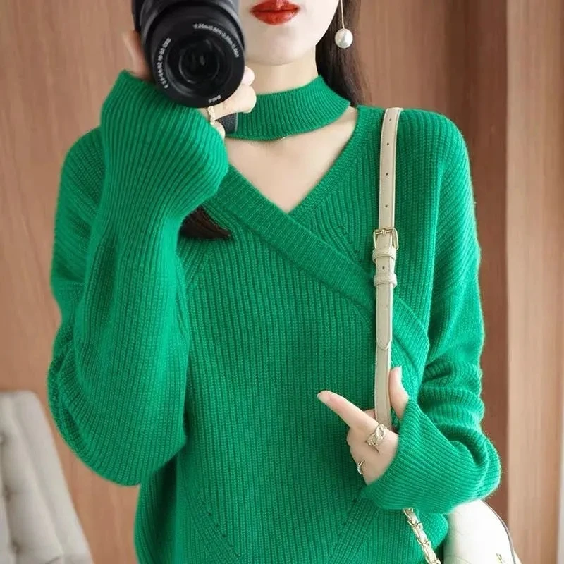 

2023 Womens Sexy Fashion Green Purple Hollow Out Crop Knit Sweater Vintage High Neck Long Sleeve Female Pullovers Chic Tops