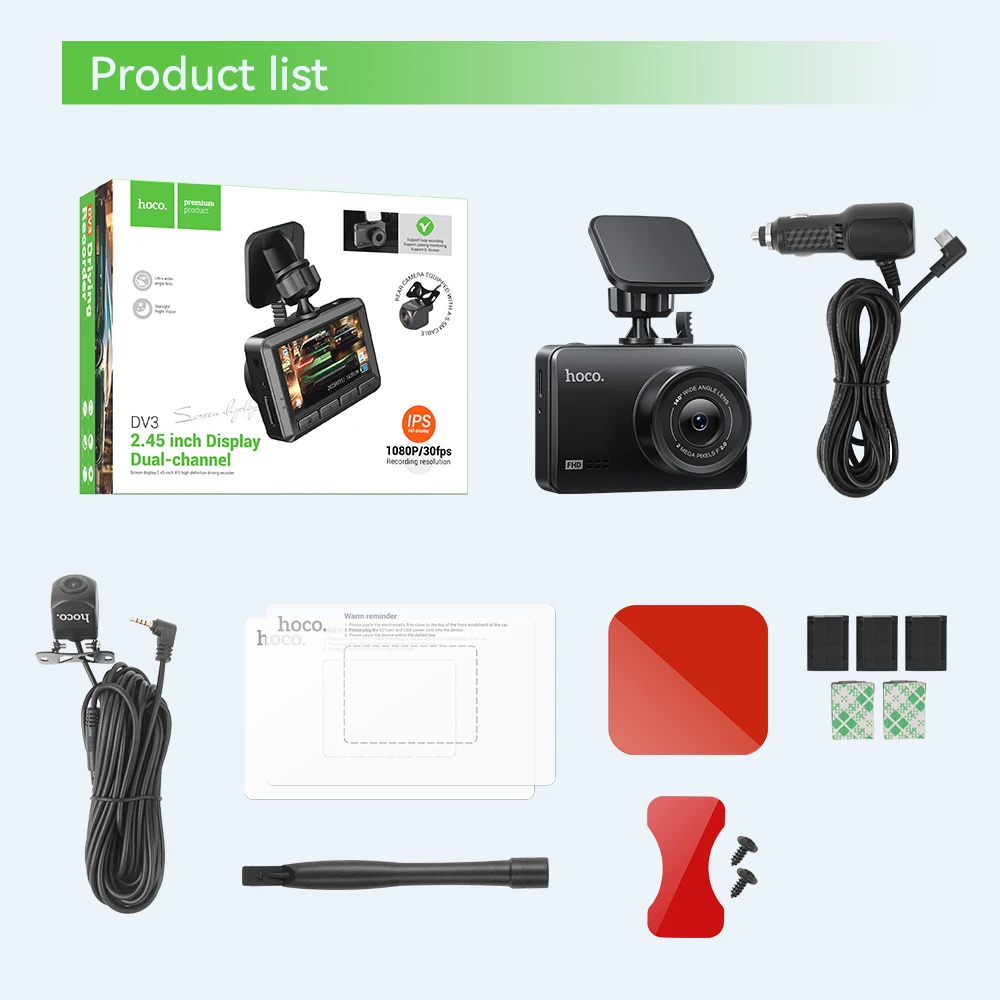 Hoco dv3 carro dasg câmera escondida gravador de condução 1080p duplo canal 2.45 polegadas ips hd display com tela led 140 °   ângulo da lente