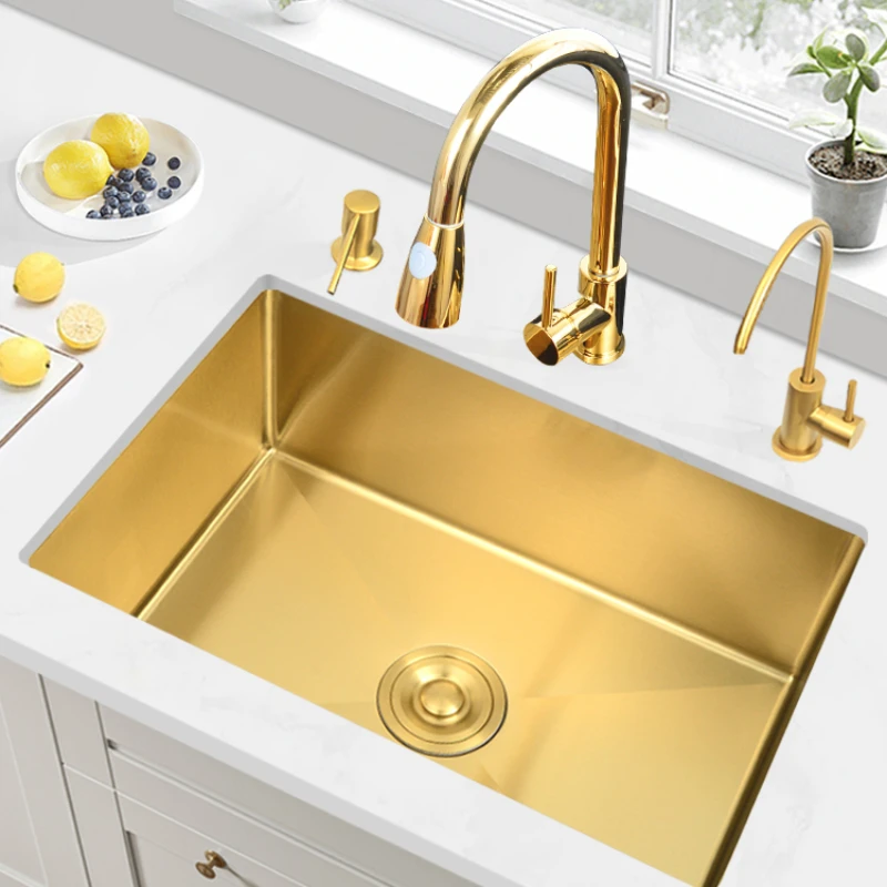 Nano gold hand-thickened 304 stainless steel basin vegetable basin sink large single slot under the counter basin kitchen sink