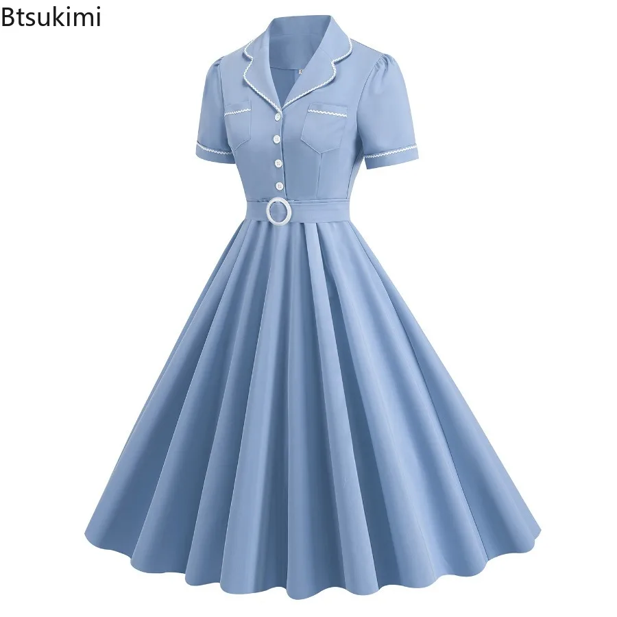 2025年新作 レディース ヴィンテージ ノッチカラー ポケット 無地 ロングワンピース カジュアル 夏 ボタンアップ エレガント スイングドレス