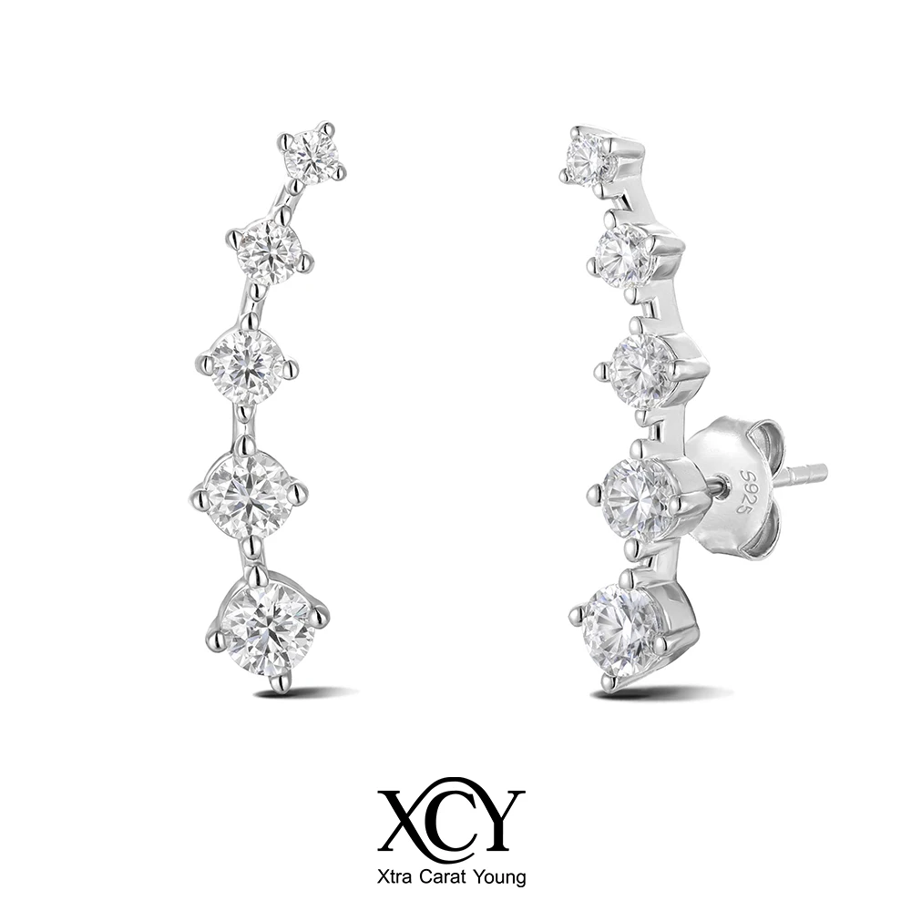 XCY Moissanite Ear Climber Earrings for Women 925 Silver Hypoallergenic 5-Stone Sparkling Diamond Stud Wedding Party Jewelry