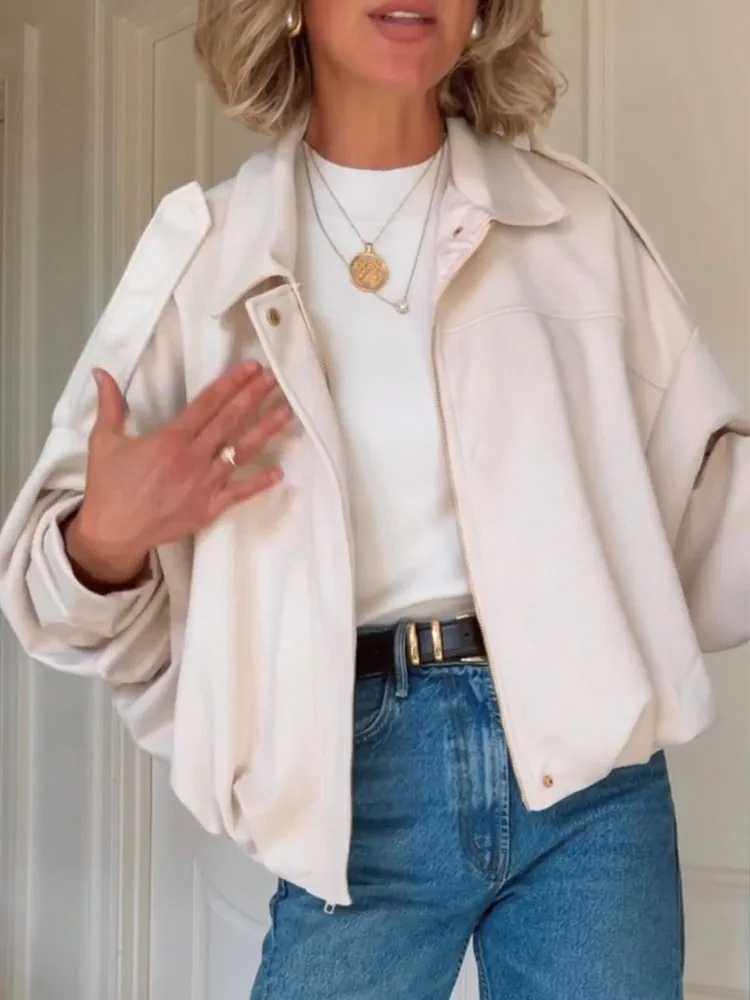 Cappotto autunno inverno in pelle scamosciata con maniche a pipistrello Giacca da donna con cerniera con risvolto Design tinta unita Capispalla ampio a maniche lunghe per le vacanze retrò