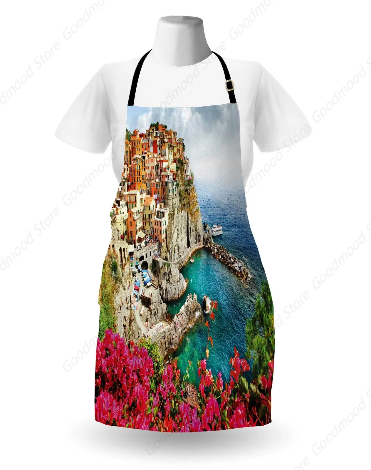 Italy Apron Antique Village in Cinque Terre Coastal Panorama Summer Beach Scenic View, Unisex Kitchen Bib