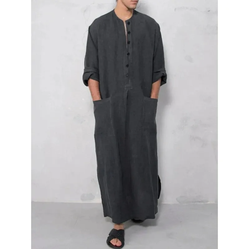 

Men's Muslim Robes Solid Color Long Sleeve Cotton Pockets Robes Button-down Leisure Vintage Islamic Arab Kaftan Dubai Male New