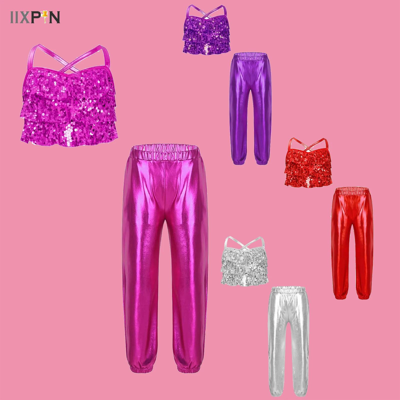 Kinder Mädchen Jazz Hip Hop Street Dance Kostüm Glitzernde Pailletten Camisole Crop Top mit metallischen Hosen Set für Bühnenauftritt