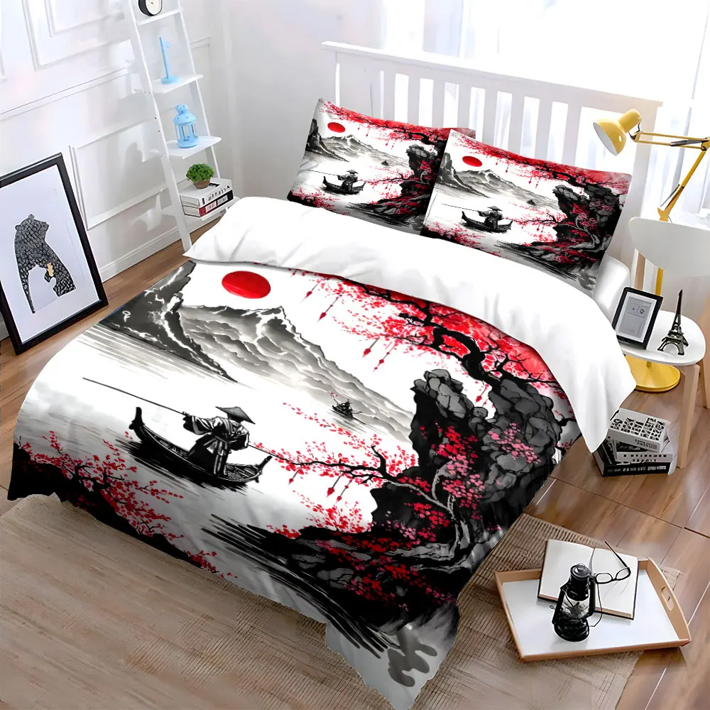 Elegant Red Plum, Ink Landscape Print Bedding Set 1 Duvet Cover 2 Pillowcases for Adult and Children Luxury Gift Full Size