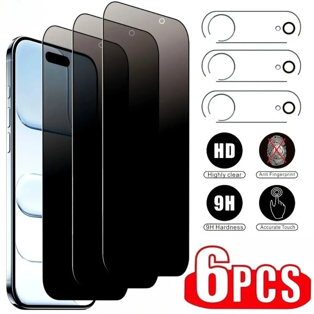 6-in-1 Anti-Spionage Vollbildschutzfolie für iPhone 17 16 15 14 Pro Max Air 16e Kameralinsenfolie für iPhone 13 12 11 Pro 15 14 Plus