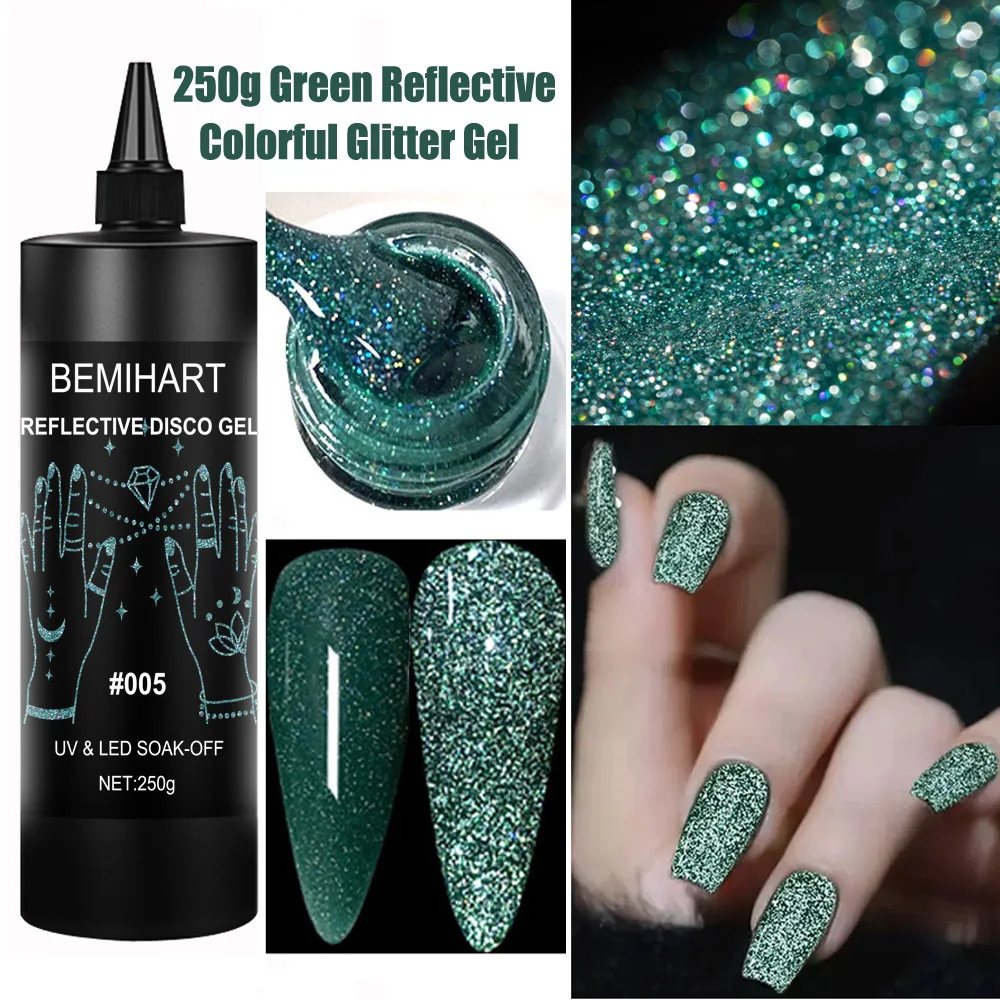 Bemihart 250g colorido reflexivo disco glitter gel unha polonês quebrado diamante altamente brilhante espumante unha arte uv gel verniz