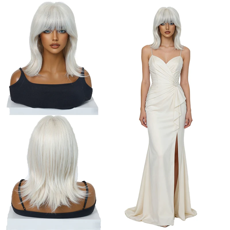 

Platinum White Wig with Bangs Shoulder Length Layered Wavy Heat Resistant Synthetic Hair for Women Daily Wear Party Wedding