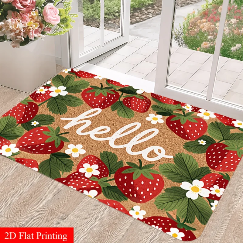 VIKAMA Hello Strawberry Doormat Cute Daisy Floral Non Slip Front Entrance Mat Farmhouse Indoor Decor Rug