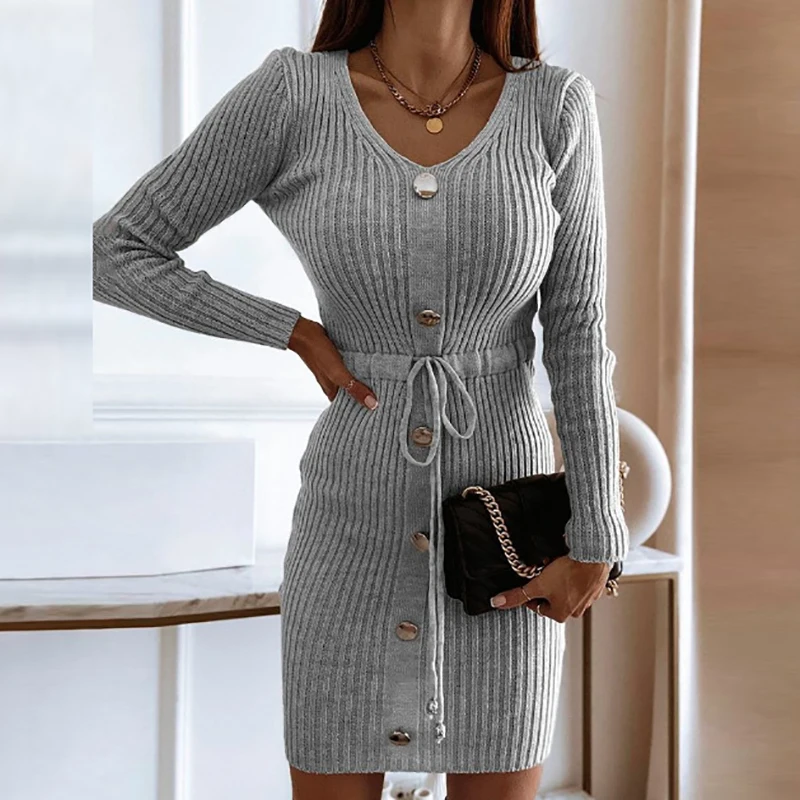 Elegant Crew Neck Button Knitted Dress Fashion Slim Solid Pullover Dress Winter Casual Long Sleeve Lace Up Bag Hip Short Dresses