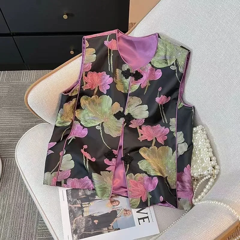 

Одежда без рукавов в китайском стиле, женский атласный жилет, элегантный топ в форме лотоса ханьфу, классическая рубашка с воротником-стойкой, женская повседневная куртка