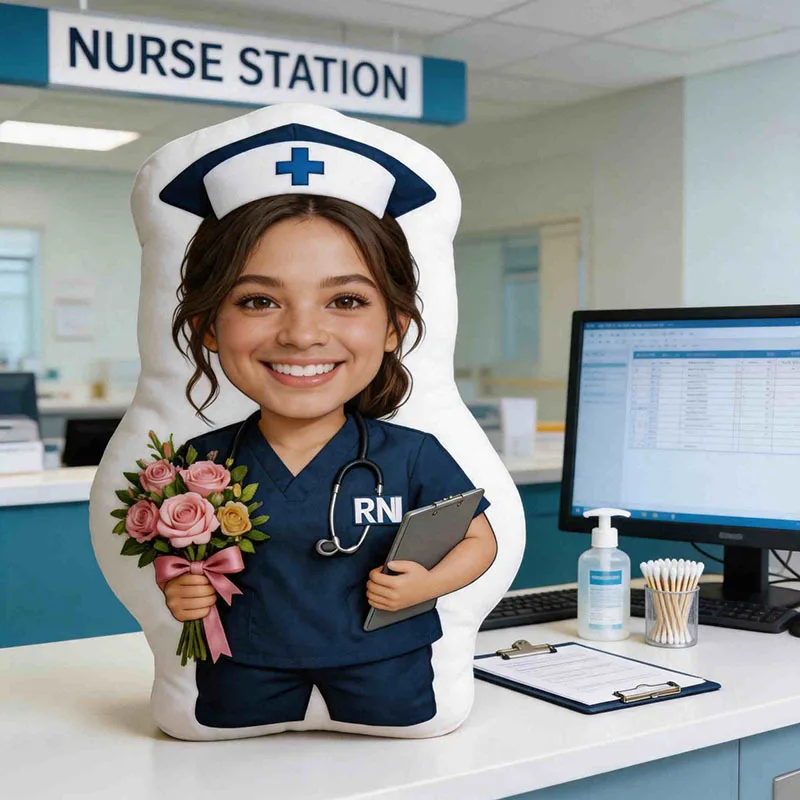 Personalized photo customization: Nurse character figurine navy blue custom shaped decorative cushion, fashionable illustration