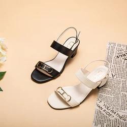 2024 Summer New Women's Sandals Mid Heel Casual Shoes Sandals Black White Thin Strap Adjustable