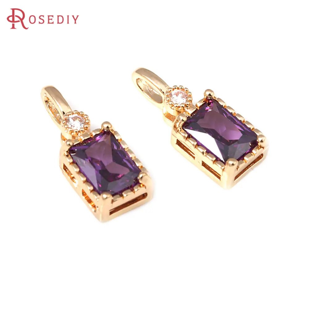 6PCS 18K Gold Color Brass Zircon Glass Large Hole Rectangle Charms Pendants Diy Jewelry Making Necklace Accessories for Women
