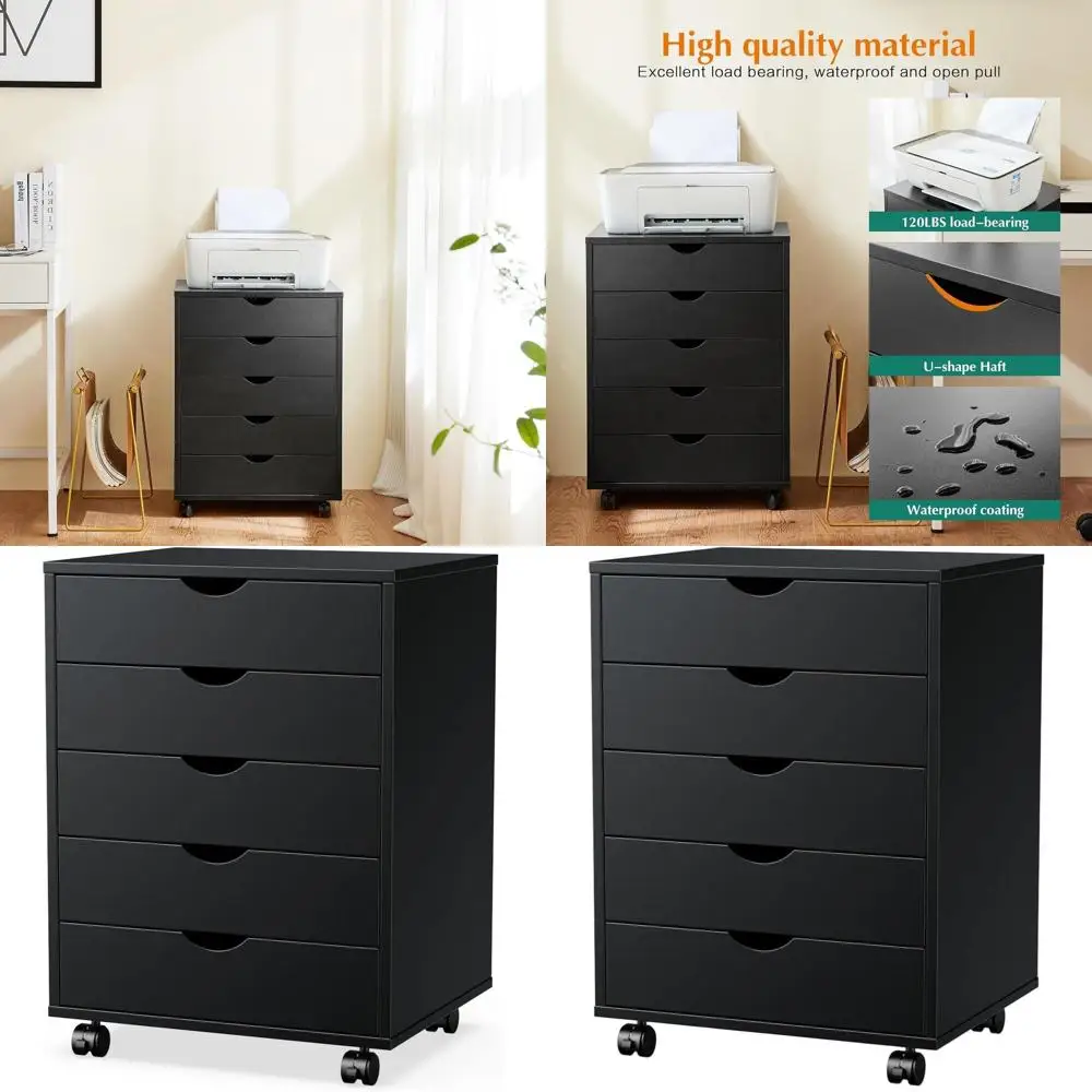 

Black Wooden 5-Drawer Storage Cabinet with Wheels for Office and Bedroom, Mobile Organizer Furniture