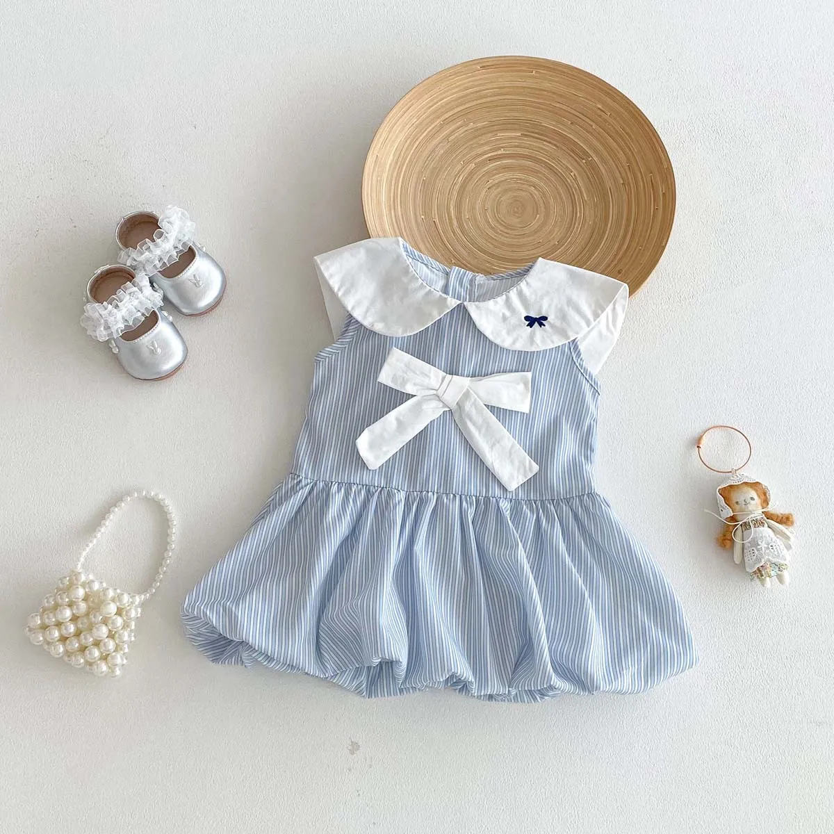 Girls' French Navy Collar Blue Stripe Dress with Western Style Bow Style Slim Fit Flower Bud Skirt Sleeveless Skirt