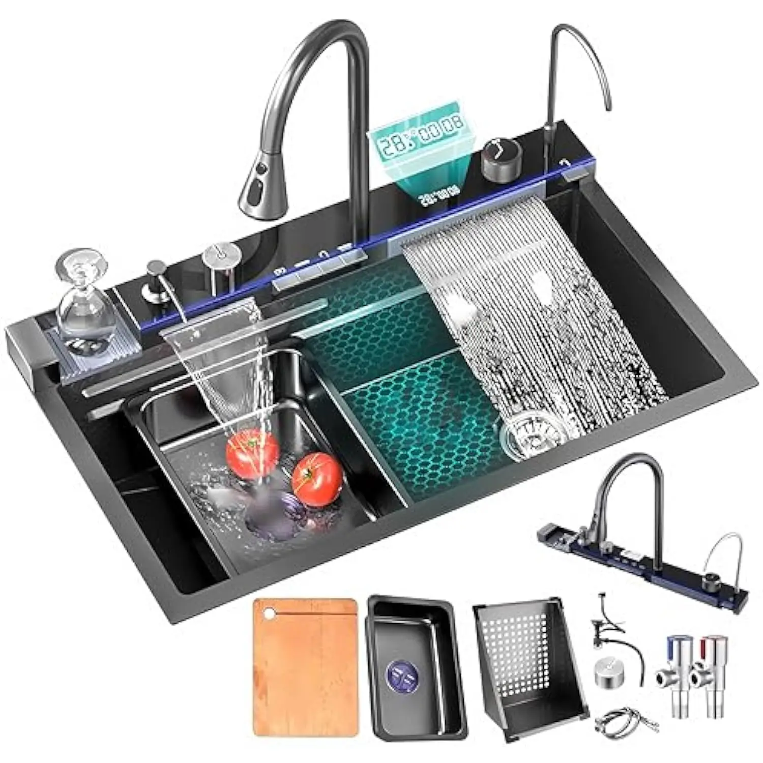 

Черная кухонная мойка с водопадом, умная кухонная мойка из нержавеющей стали 29,5 дюйма, многофункциональная кухонная мойка для рабочей станции с